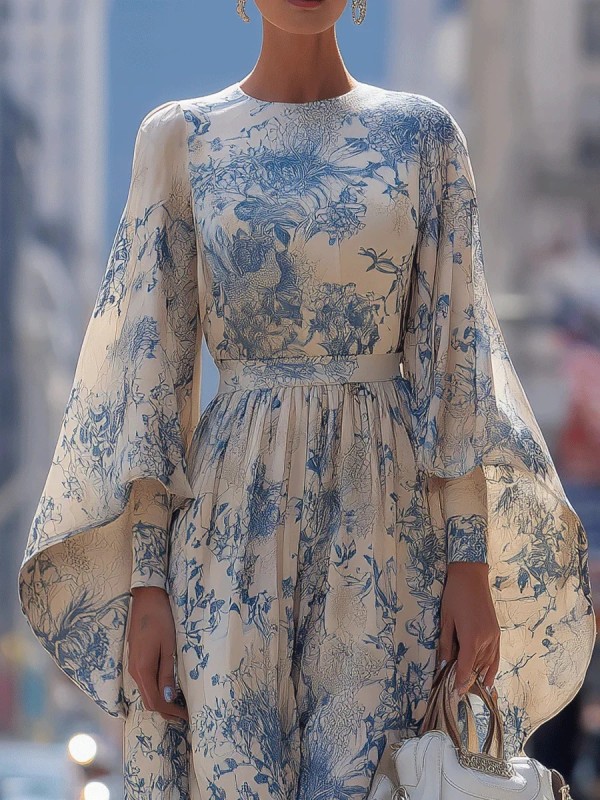 French Digital Print High Waist Flare Cuff Long Sleeve Dress For Daily & Dating