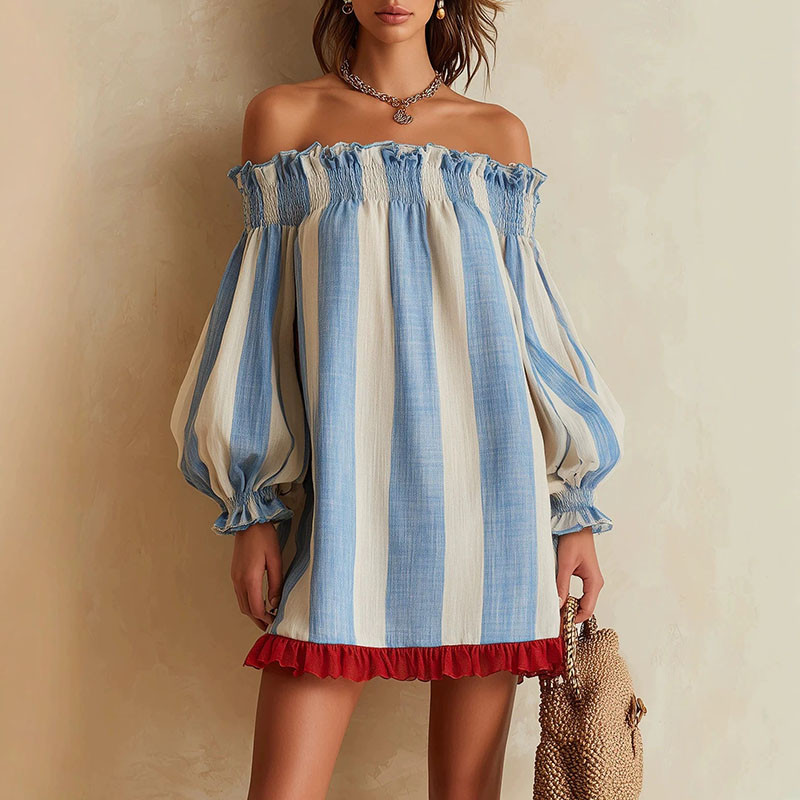 Striped Off Shoulder Puff Sleeve Mini Dress For Beach Trips And Small Parties