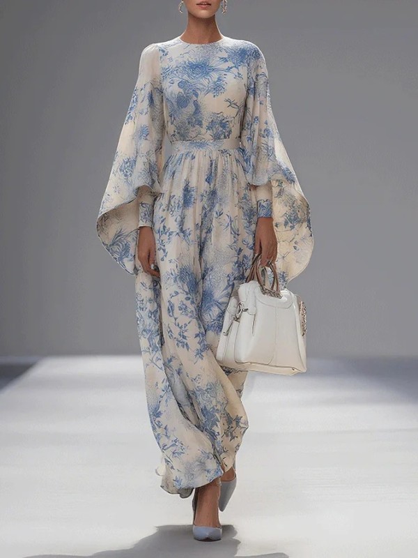 French Digital Print High Waist Flare Cuff Long Sleeve Dress For Daily & Dating