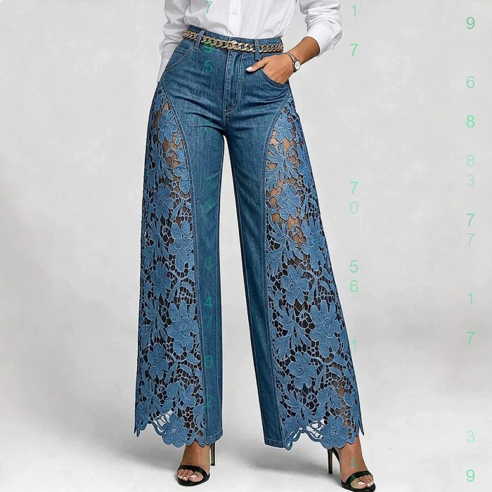 Hollow Lace Spliced High Waist Denim Wide Leg Palazzo Pants For Daily Street Outings