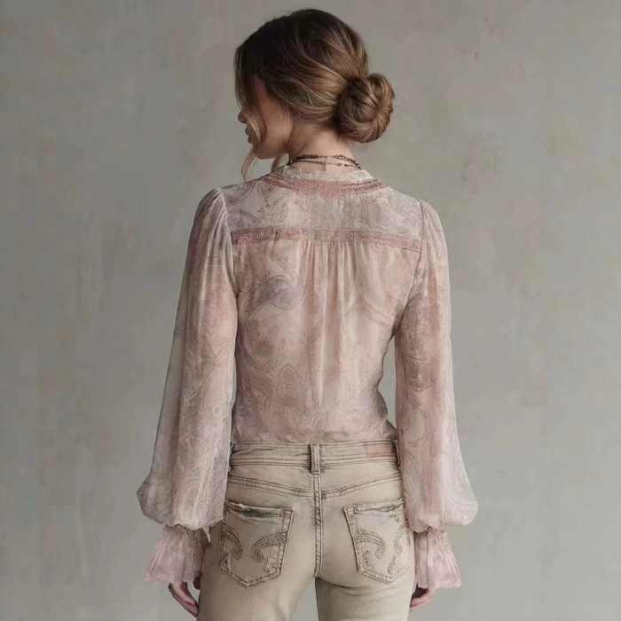 Boho Paisley Print Lapel V Neck Flare Ruffle Long Sleeve Chiffon Blouse For Daily Casual Outings