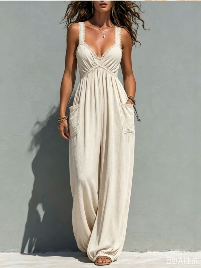 Olive Green V Neck Wide Leg Sleeveless Jumpsuit For Summer Vacation