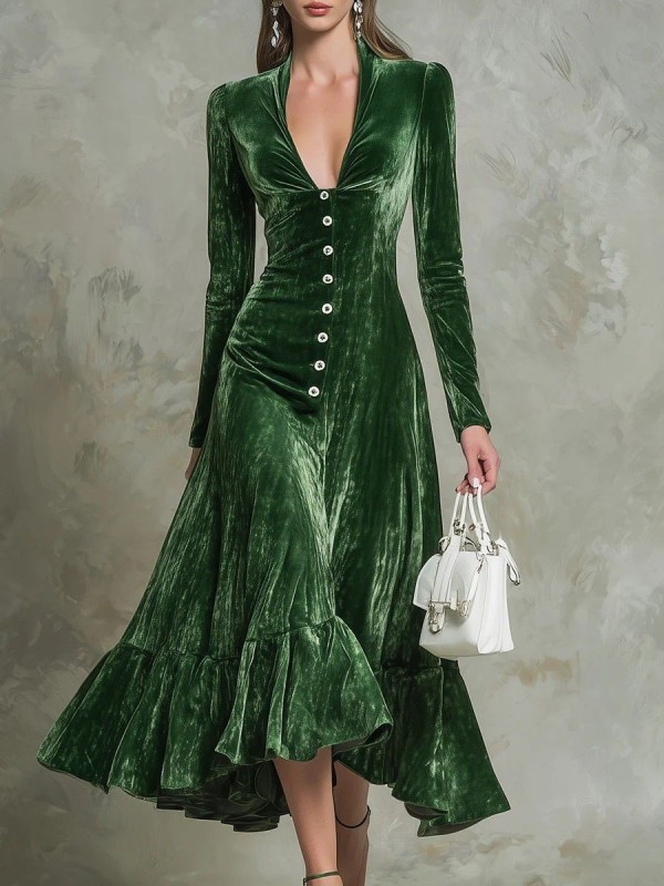 Retro Solid Velvet Deep V Neck Pleated Maxi Dress For Dating And Evening Banquet