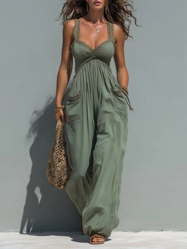 Olive Green V Neck Wide Leg Sleeveless Jumpsuit For Summer Vacation