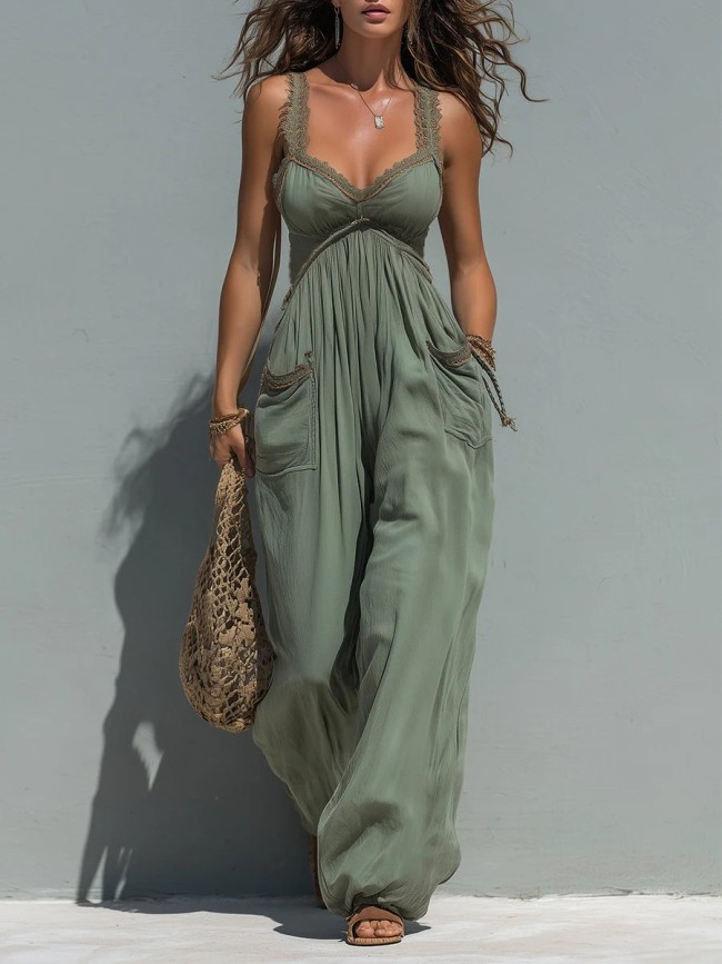 Olive Green V Neck Wide Leg Sleeveless Jumpsuit For Summer Vacation