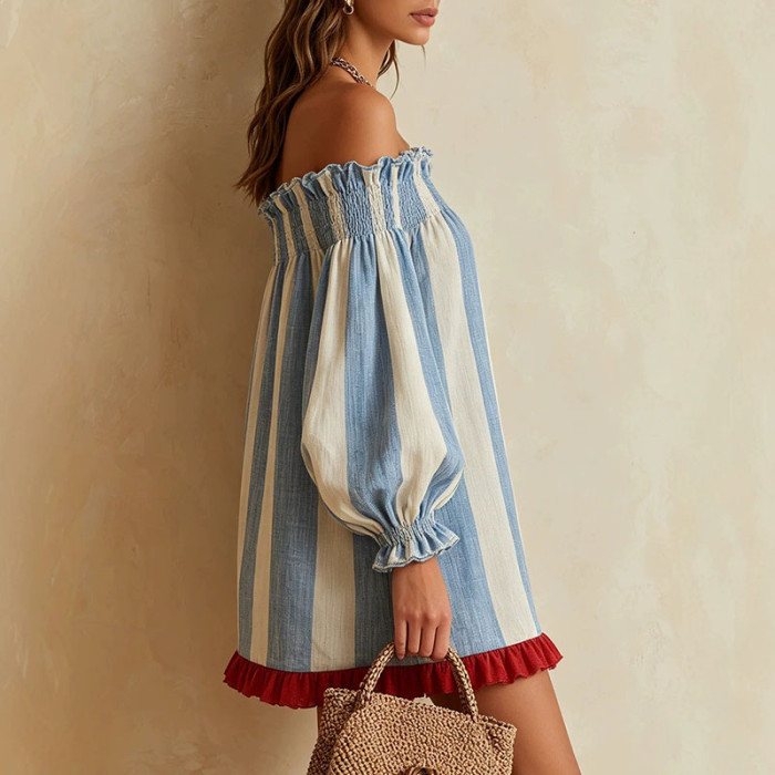 Striped Off Shoulder Puff Sleeve Mini Dress For Beach Trips And Small Parties