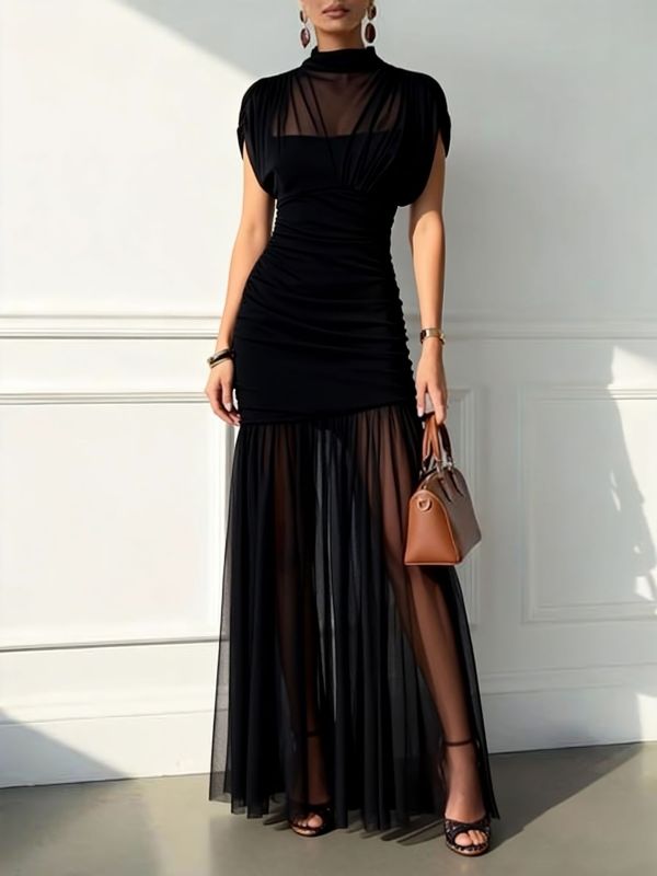 ✨Patchwork Pleated Half-High Collar Slim Dress✨