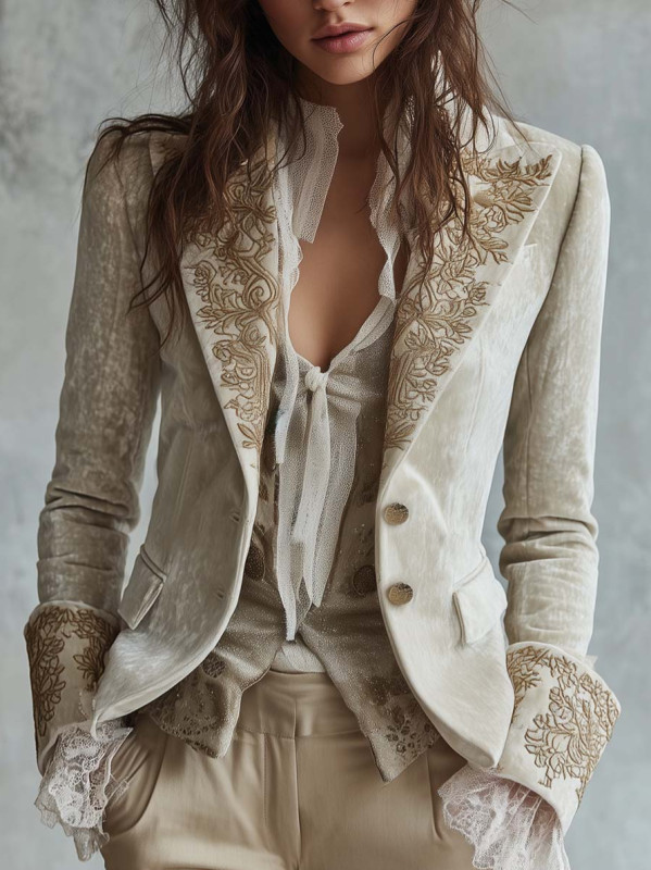 Printed Lapel Bell Sleeve Corduroy Blazer For Spring Autumn Daily Wear