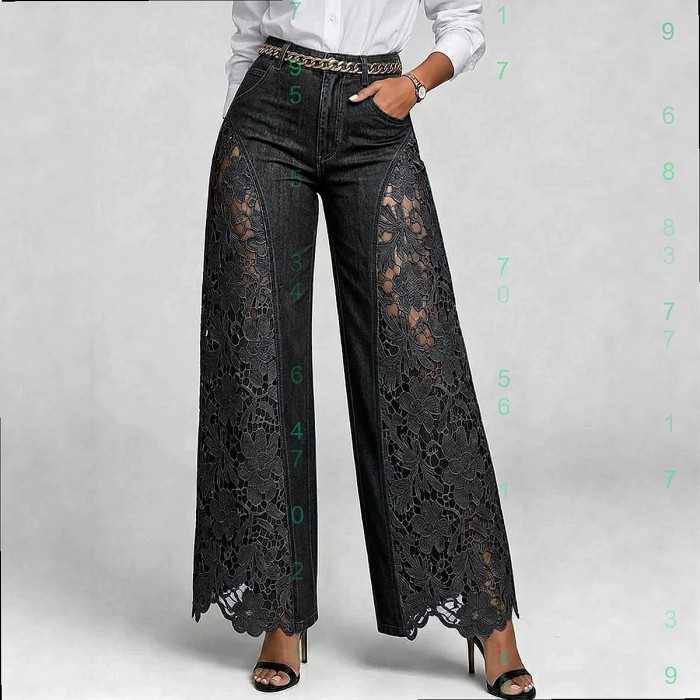 Hollow Lace Spliced High Waist Denim Wide Leg Palazzo Pants For Daily Street Outings