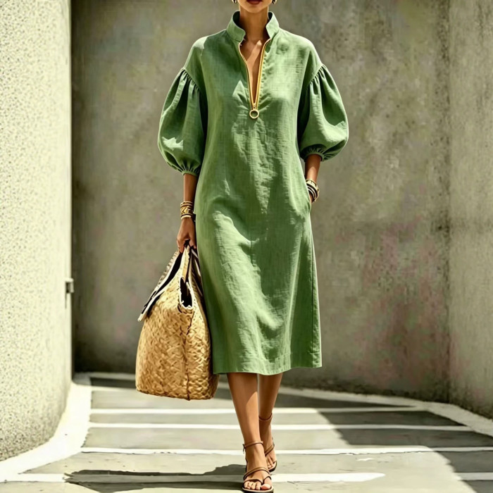 Loose Stand Collar Bubble Sleeve Half Zip Midi Dress For Office Commute And Daily Summer Wear