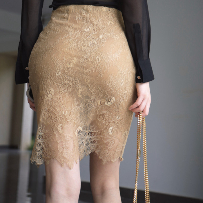 Gold Embroidered Lace Mini Skirt, Slim High Elastic Skirt For Women