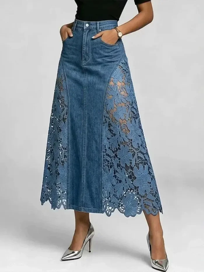 High Waist Lace Spliced Floral Hollow Bodycon Denim Midi Skirt For Daily Strolls And Dating