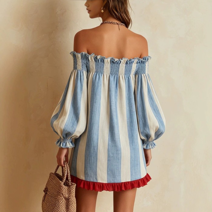 Striped Off Shoulder Puff Sleeve Mini Dress For Beach Trips And Small Parties