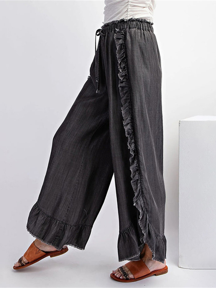 High Waist Ruffle Washed Wide Leg Denim Pants With Frayed Raw Hem For Daily Street Outings