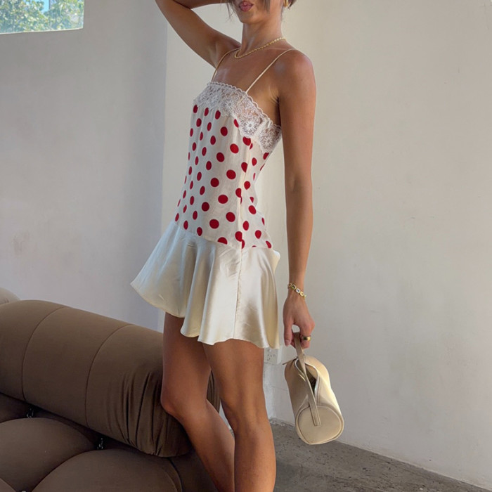 Polka Dot Lace Splice Suspender Backless Mini Dress For Beach Vacation