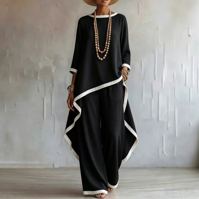 Contrast Black Trim Irregular Hem 3/4 Sleeve Top Wide Leg Linen Two Piece Set For Daily Casual Outings