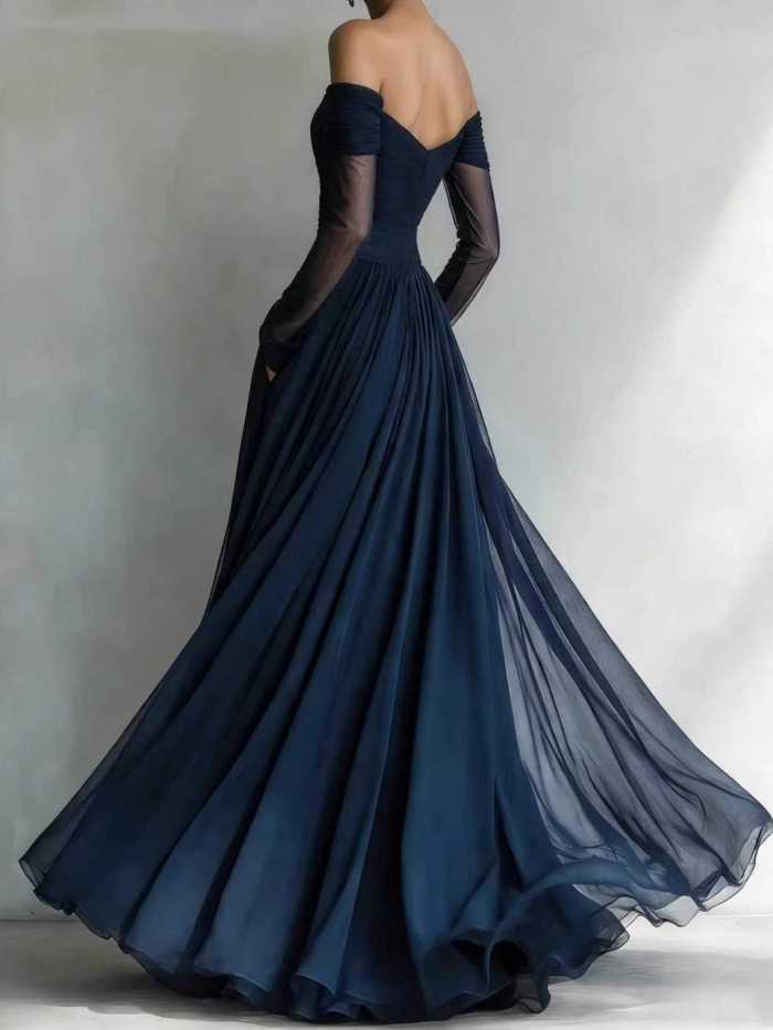 Solid Mesh Spliced Draped Off Shoulder Long Sleeve Maxi Dress For Formal Parties And Daily Occasions