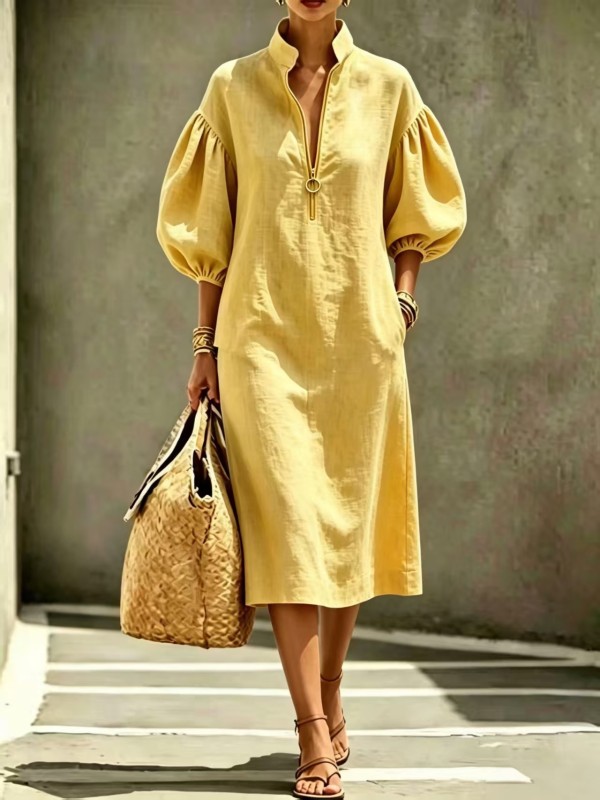 Loose Stand Collar Bubble Sleeve Half Zip Midi Dress For Office Commute And Daily Summer Wear