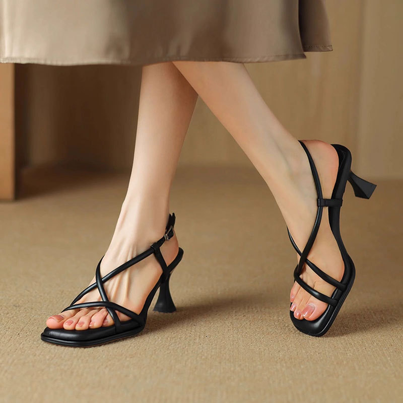 Simple Square Toe Slim Strap Thick Heel Open Toe Sandals For Summer Daily And Dating