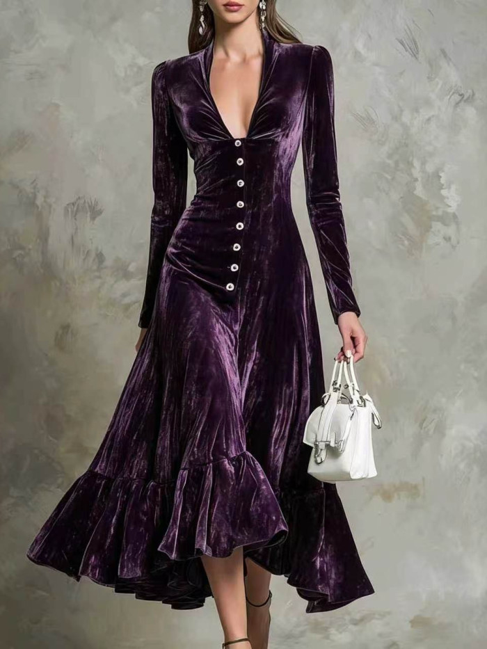 Retro Solid Velvet Deep V Neck Pleated Maxi Dress For Dating And Evening Banquet