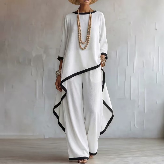 Contrast Black Trim Irregular Hem 3/4 Sleeve Top Wide Leg Linen Two Piece Set For Daily Casual Outings