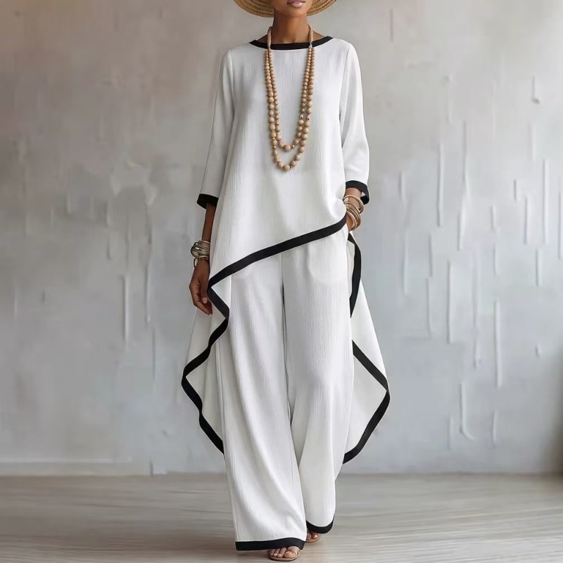 Contrast Black Trim Irregular Hem 3/4 Sleeve Top Wide Leg Linen Two Piece Set For Daily Casual Outings