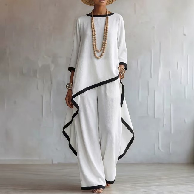 Contrast Black Trim Irregular Hem 3/4 Sleeve Top Wide Leg Linen Two Piece Set For Daily Casual Outings