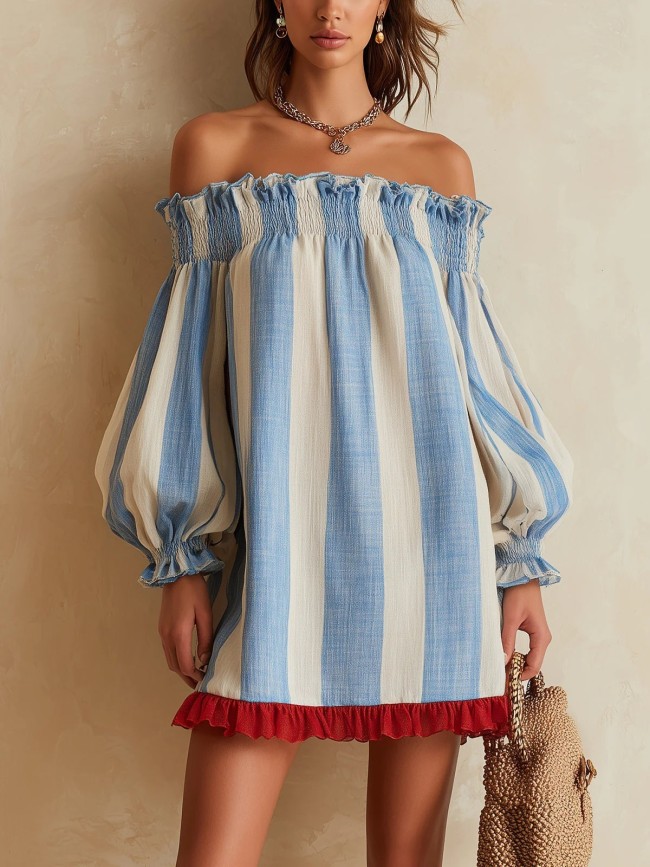 Striped Off Shoulder Puff Sleeve Mini Dress For Beach Trips And Small Parties