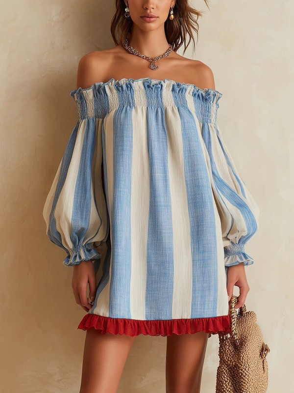 Striped Off Shoulder Puff Sleeve Mini Dress For Beach Trips And Small Parties