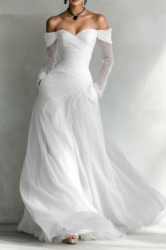 Solid Mesh Spliced Draped Off Shoulder Long Sleeve Maxi Dress For Formal Parties And Daily Occasions