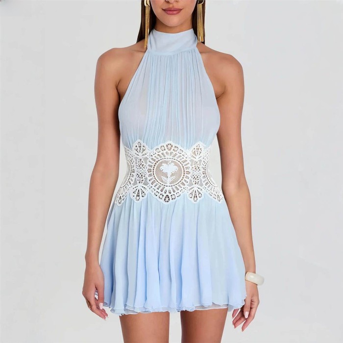 Halter Neck Lace Hollow Backless High Waist Mini Dress For Summer Vacation And Dating