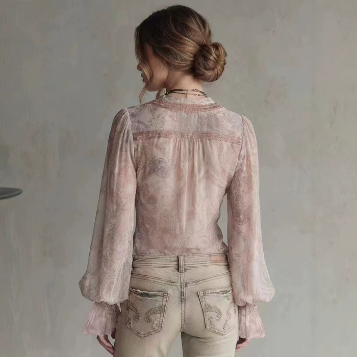Boho Paisley Print Lapel V Neck Flare Ruffle Long Sleeve Chiffon Blouse For Daily Casual Outings