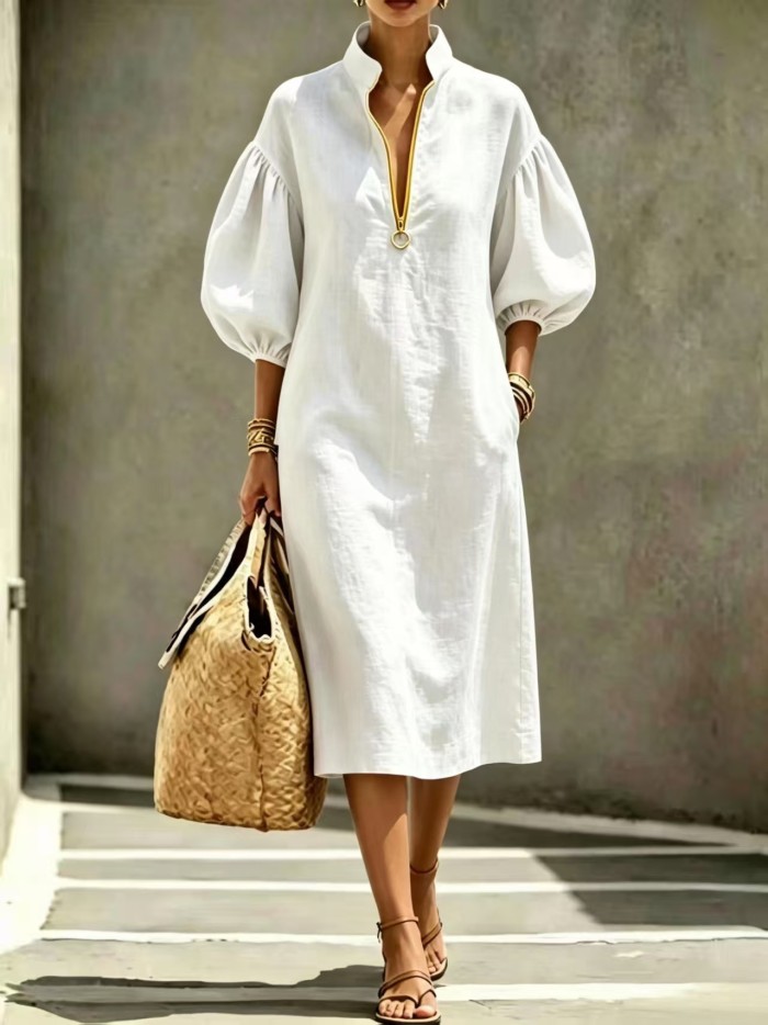 Loose Stand Collar Bubble Sleeve Half Zip Midi Dress For Office Commute And Daily Summer Wear