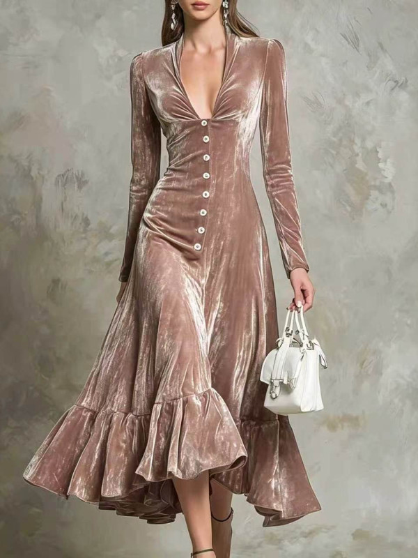 Retro Solid Velvet Deep V Neck Pleated Maxi Dress For Dating And Evening Banquet