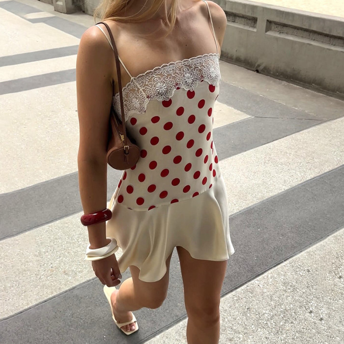 Polka Dot Lace Splice Suspender Backless Mini Dress For Beach Vacation