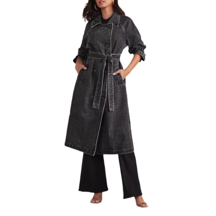 Loose Long Denim Cardigan Windbreaker With Buckle For Autumn And Winter Casual Wear