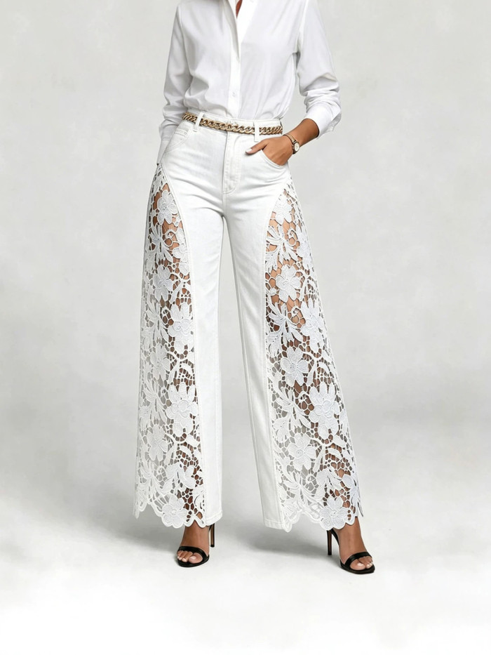 Hollow Lace Spliced High Waist Denim Wide Leg Palazzo Pants For Daily Street Outings
