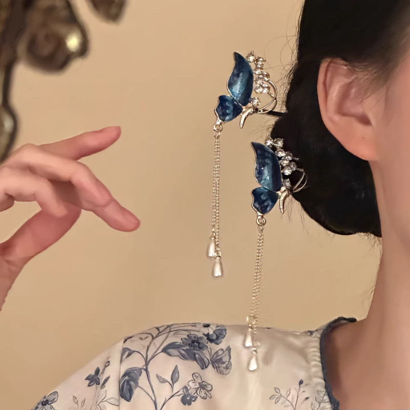 New Chinese Style Blue Butterfly Rhinestone Tassel Hairpin For Tea Events And Hanfu Photoshoots