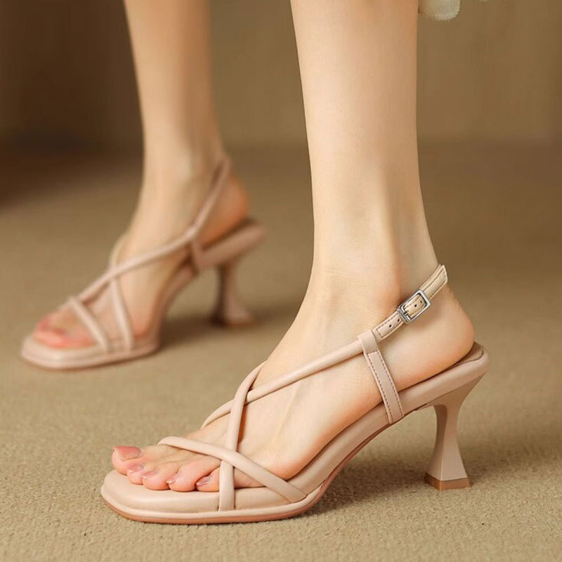 Simple Square Toe Slim Strap Thick Heel Open Toe Sandals For Summer Daily And Dating