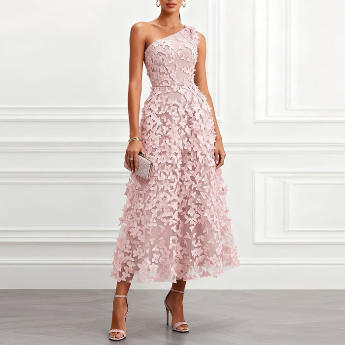 Elegant 3D Floral Off Shoulder Waist-Cinched Maxi Gown For Evening Parties And Banquets