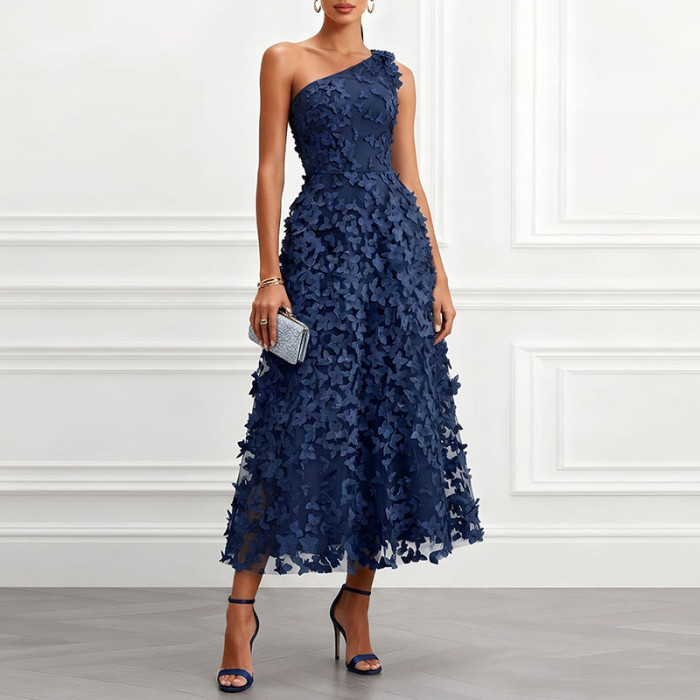 Elegant 3D Floral Off Shoulder Waist-Cinched Maxi Gown For Evening Parties And Banquets