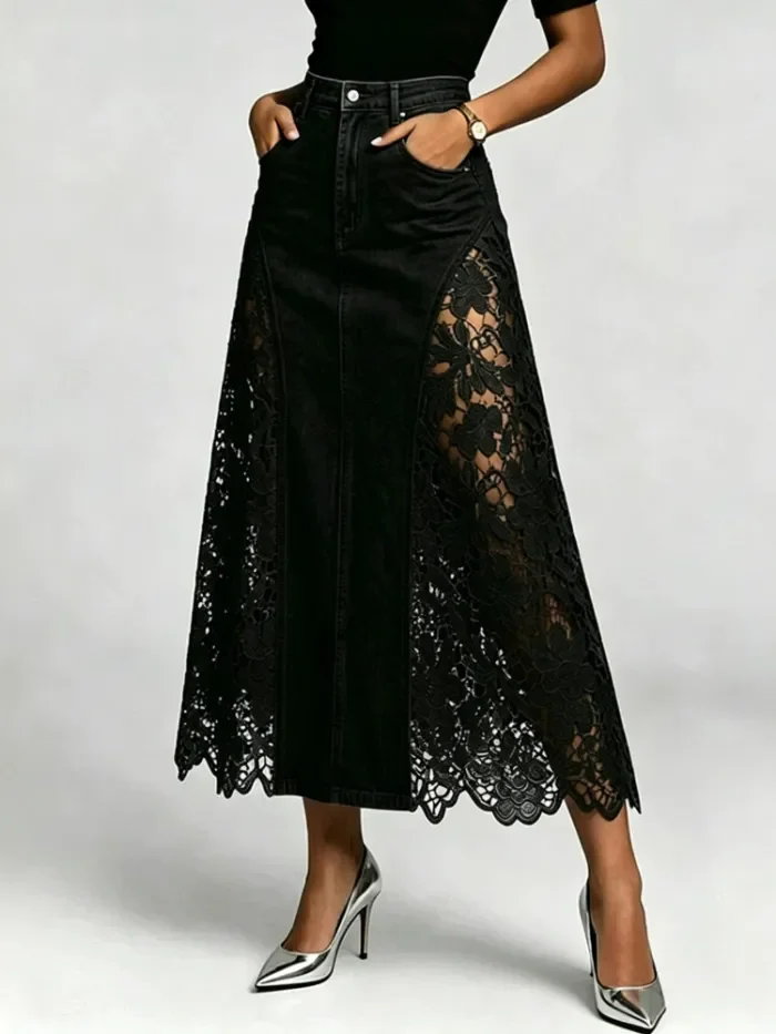 High Waist Lace Spliced Floral Hollow Bodycon Denim Midi Skirt For Daily Strolls And Dating