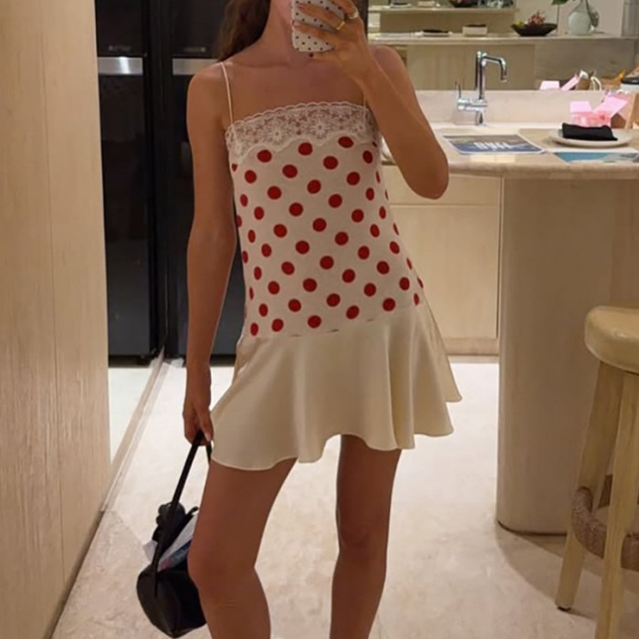 Polka Dot Lace Splice Suspender Backless Mini Dress For Beach Vacation