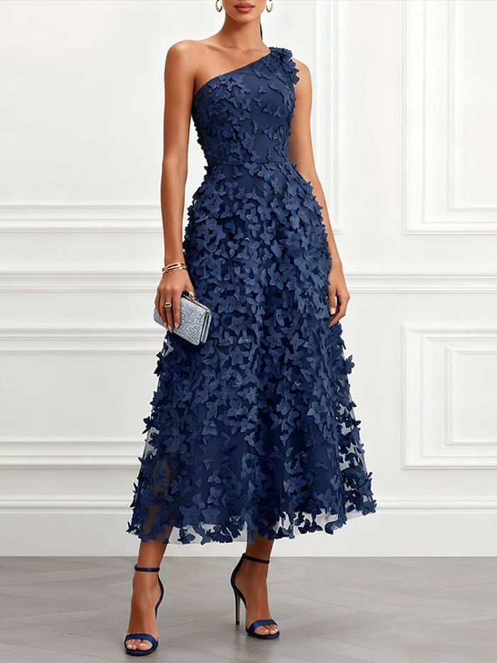 Elegant 3D Floral Off Shoulder Waist-Cinched Maxi Gown For Evening Parties And Banquets