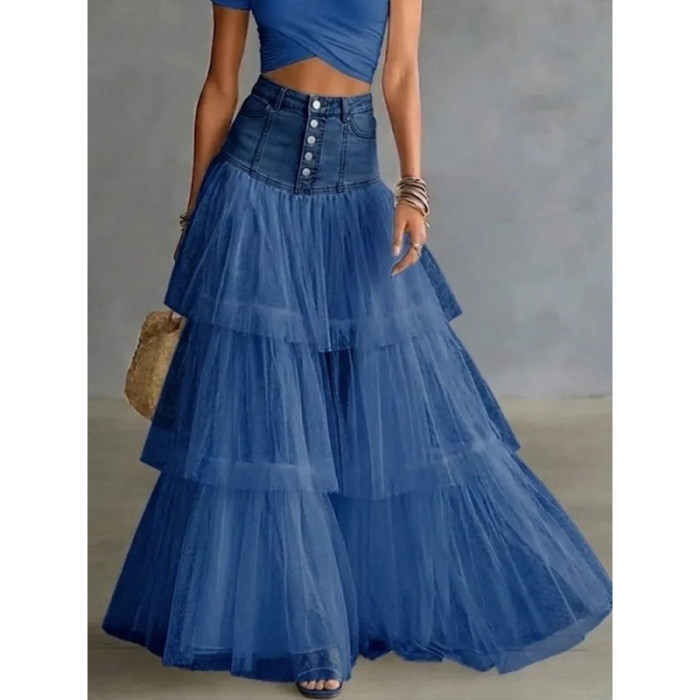 Retro Spliced Denim Tulle Tiered Maxi A-Line Skirt For Daily Commute And Street Outfits