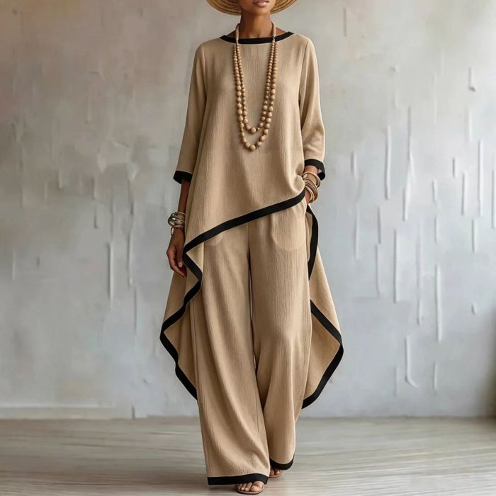 Contrast Black Trim Irregular Hem 3/4 Sleeve Top Wide Leg Linen Two Piece Set For Daily Casual Outings