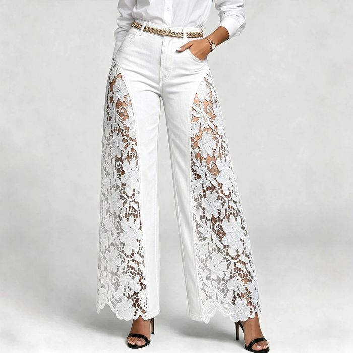 Hollow Lace Spliced High Waist Denim Wide Leg Palazzo Pants For Daily Street Outings