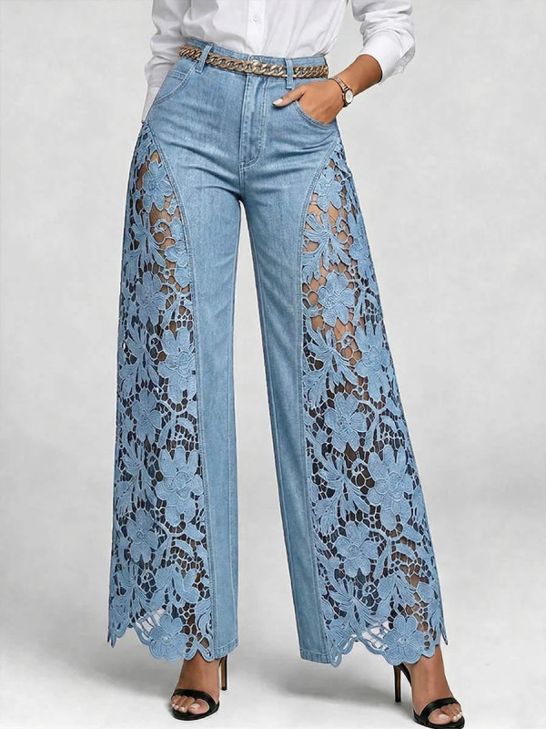 Hollow Lace Spliced High Waist Denim Wide Leg Palazzo Pants For Daily Street Outings