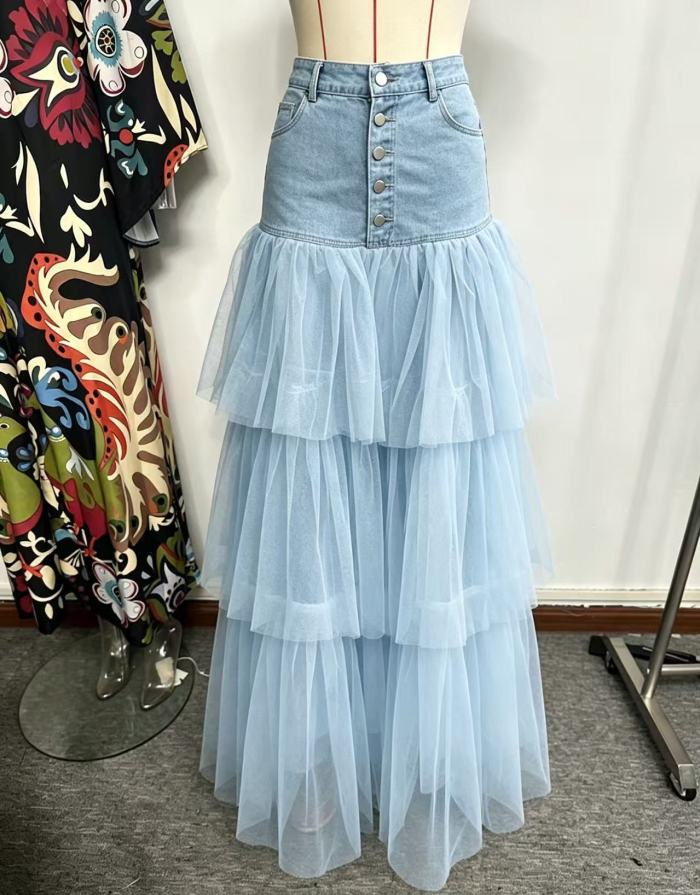 Retro Spliced Denim Tulle Tiered Maxi A-Line Skirt For Daily Commute And Street Outfits