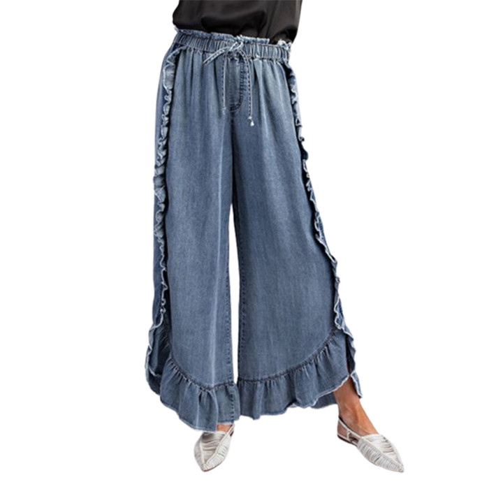 High Waist Ruffle Washed Wide Leg Denim Pants With Frayed Raw Hem For Daily Street Outings